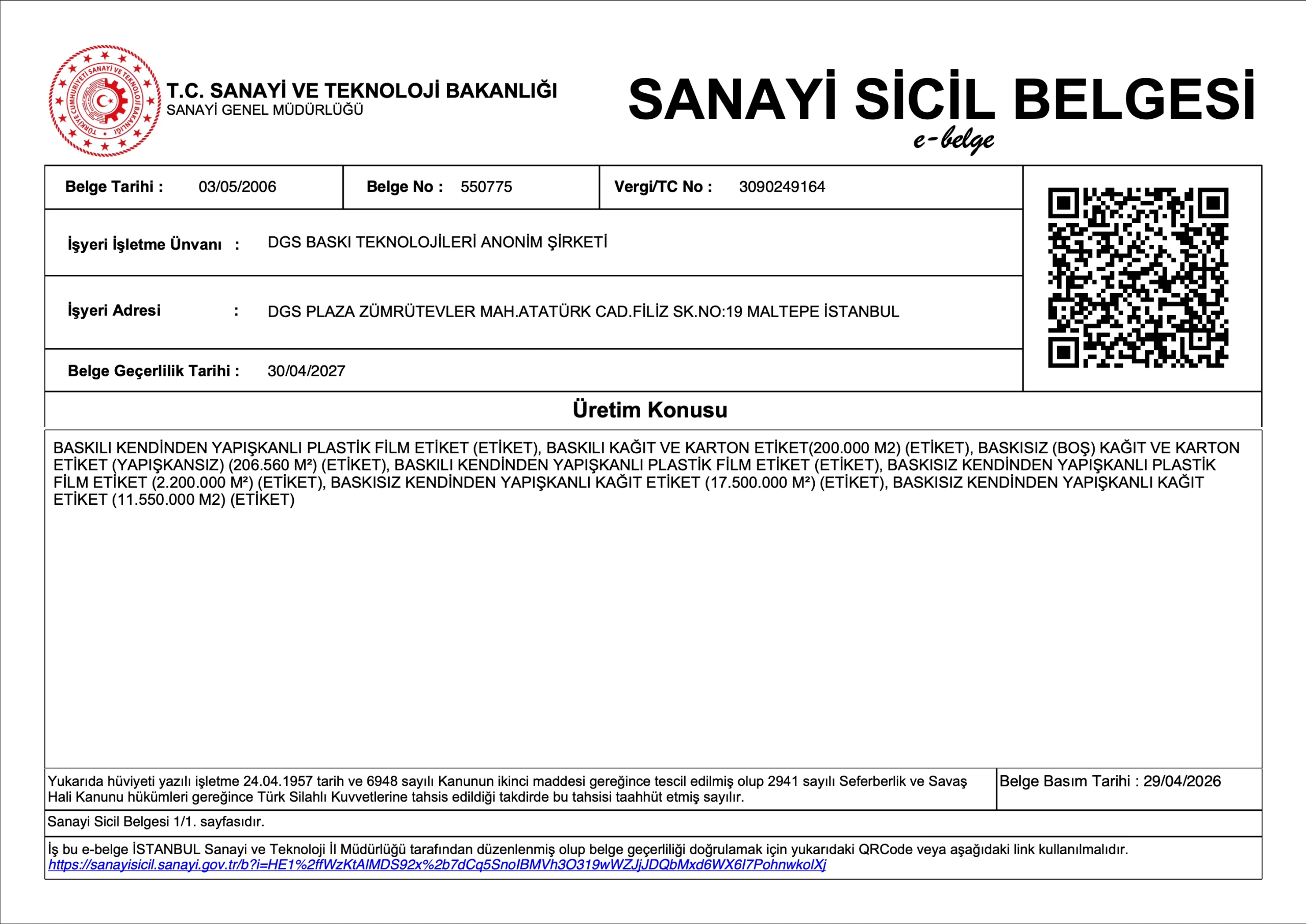 DGS Sanayi Sicil Belgesi